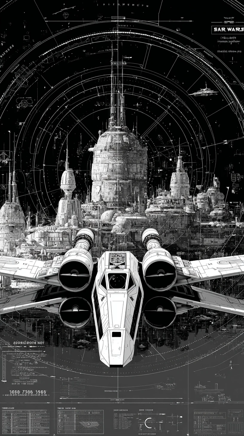 ミニマルな白黒SF宇宙船ポスターデザイン