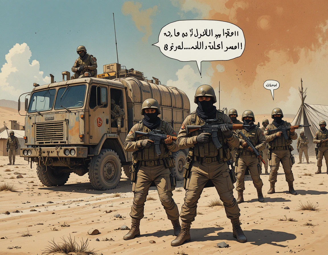 Soldados armados em comboio no deserto durante batalha tensa e cômica