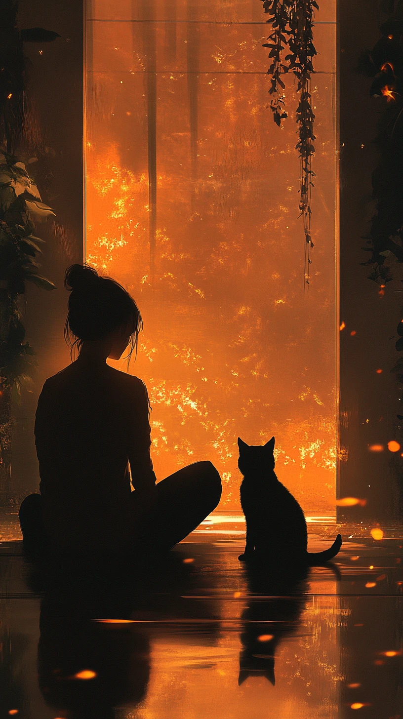 Ragazza e gatto nero in un interno fumoso e luminoso