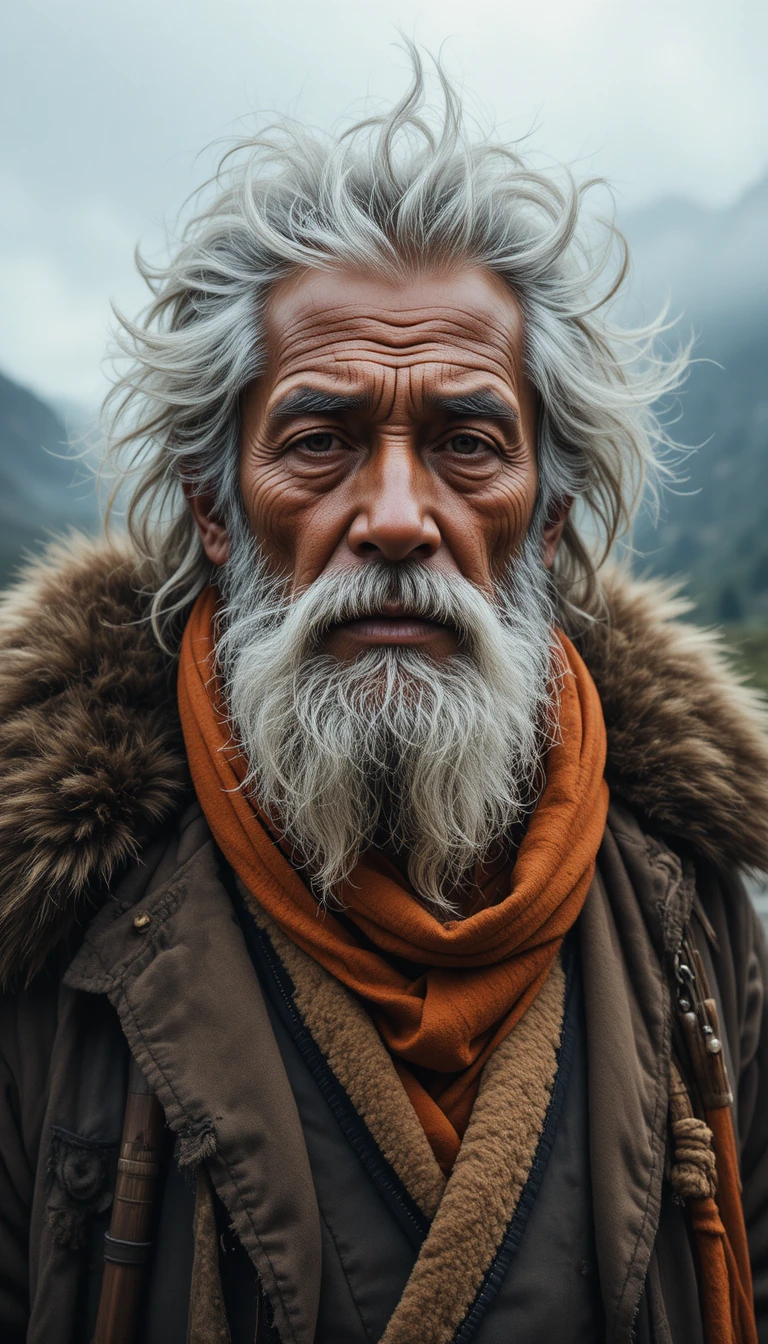 Ancião tibetano calejado diante de picos montanhosos enevoados