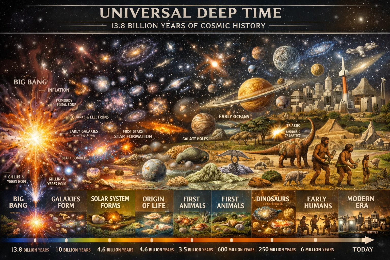 Frise du profond temps cosmique, de la naissance de l’univers à la Terre moderne