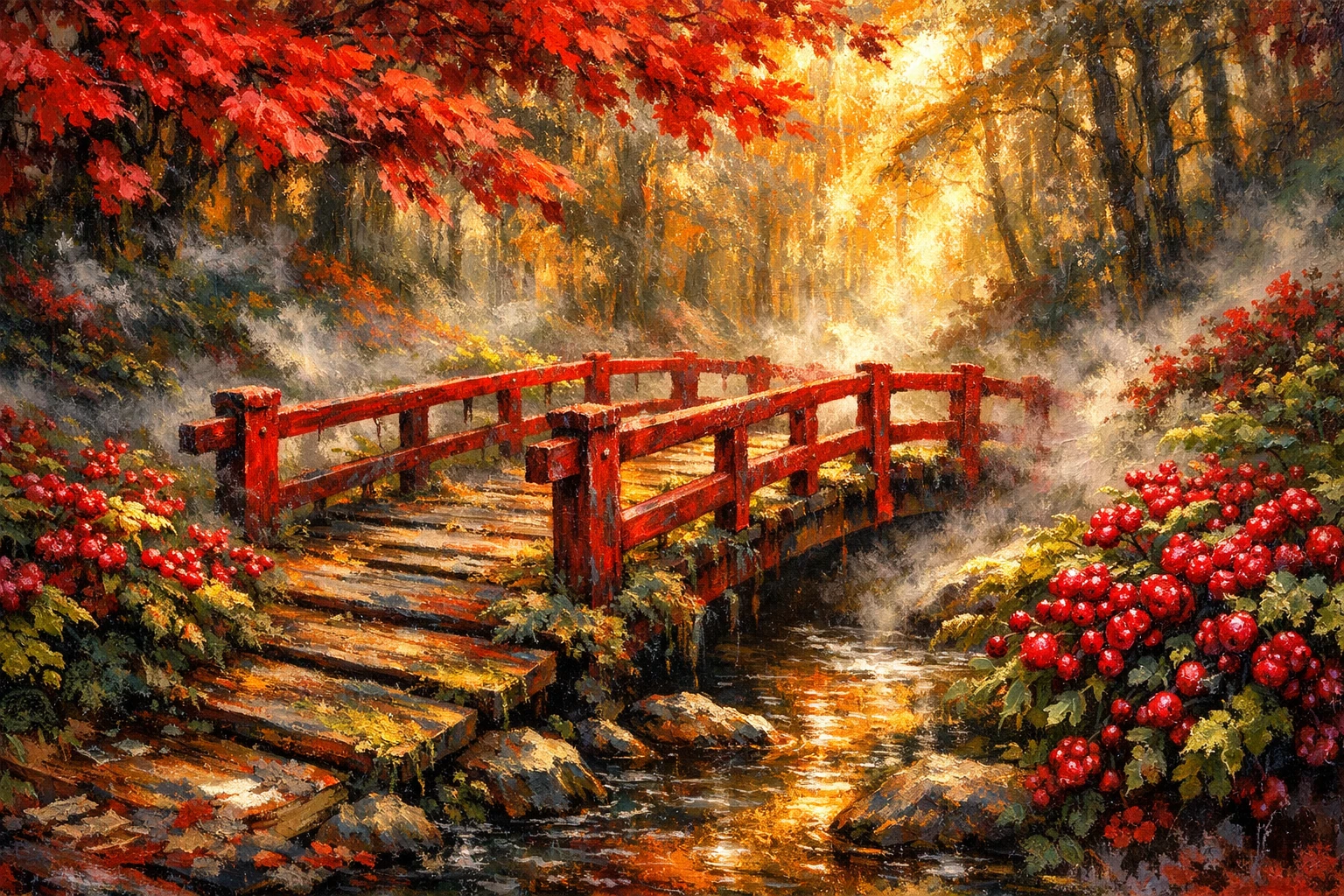 Goldene Waldbrücke über einem ruhigen, nebligen Bach