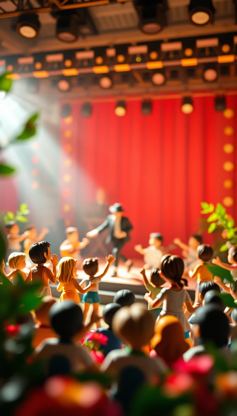 Fröhliche Kinder tanzen im Konzertsaal aus der Nähe