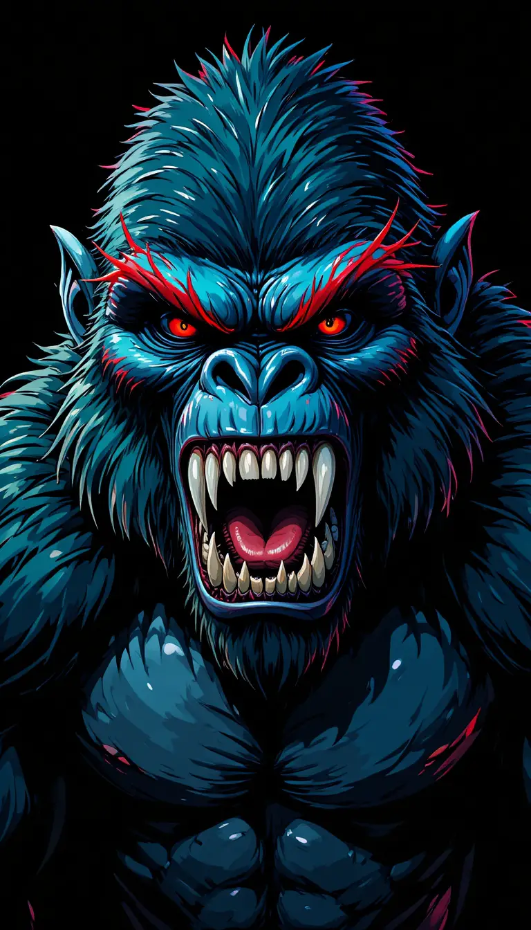 Furchteinflößender Cartoon-Gorilla mit leuchtend roten Augen auf Schwarz