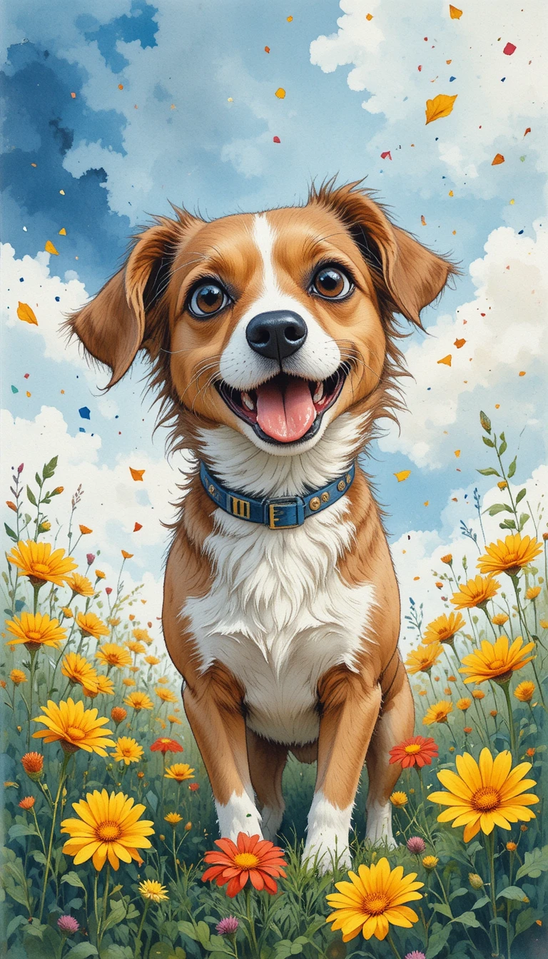 Cão alegre em aquarela entre flores de campo coloridas
