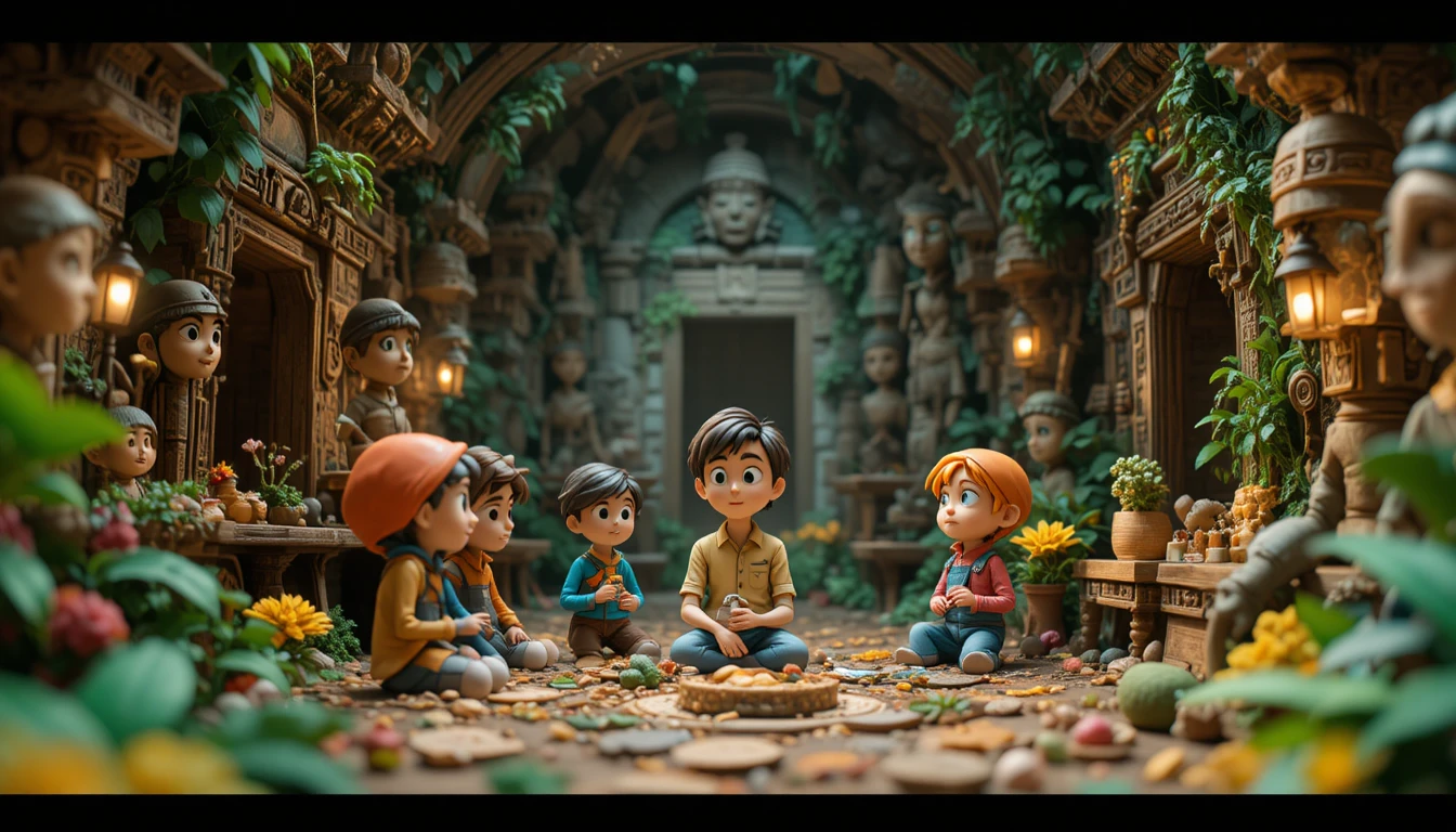 Enfants espiègles explorant une scène de temple maya fantastique