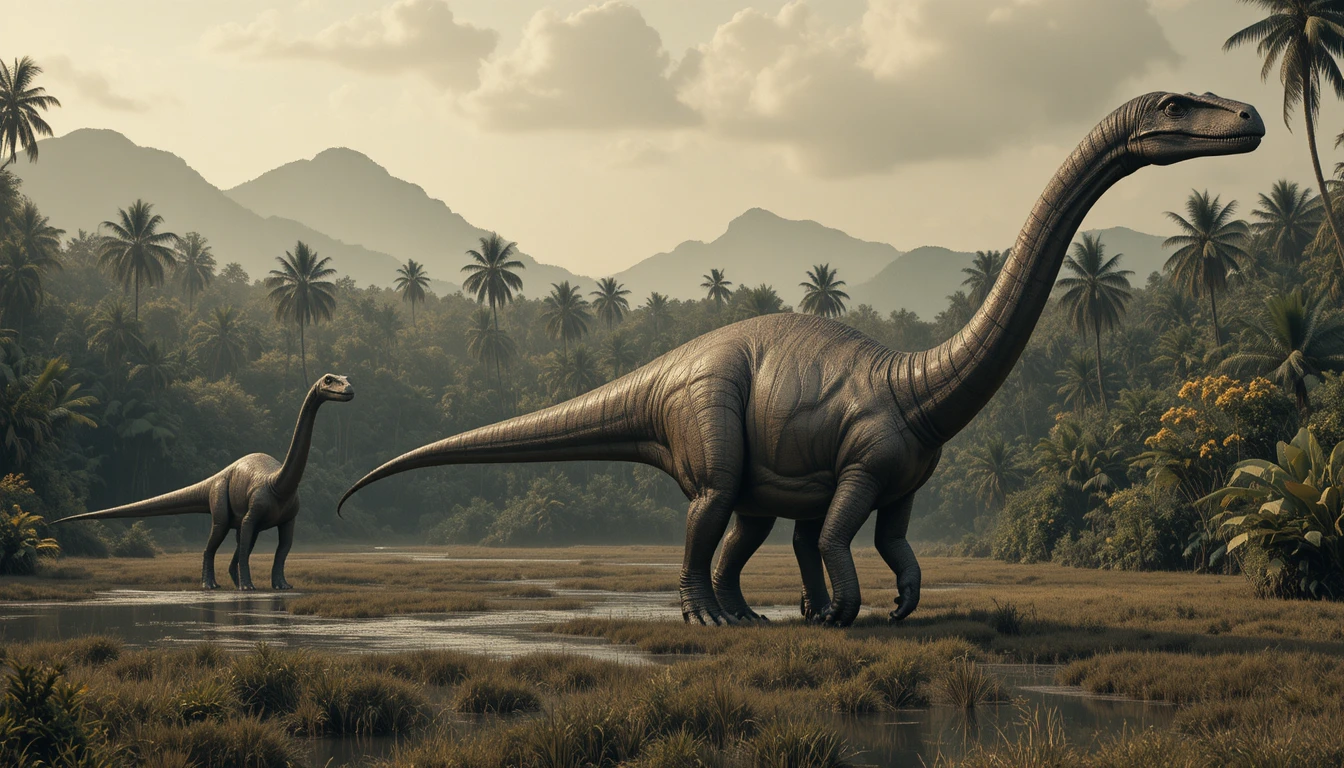 Dois enormes dinossauros saurópodes em uma selva pré-histórica enevoada
