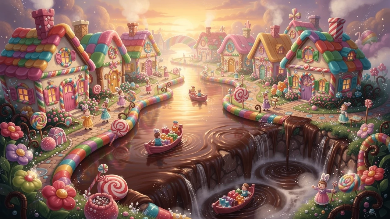 Ciudad de dulces en miniatura con río de chocolate y senderos de piruletas