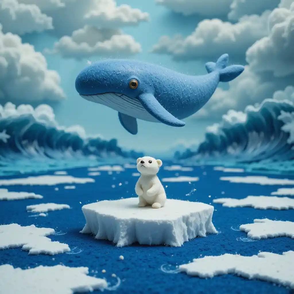 Winziger Filz-Eisbär auf Eis im blauen arktischen Meer