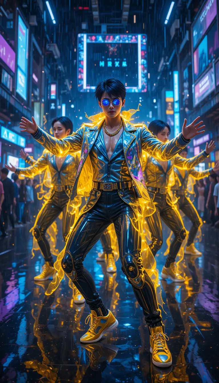 Ballerina cyberpunk in strada cittadina piovosa illuminata al neon