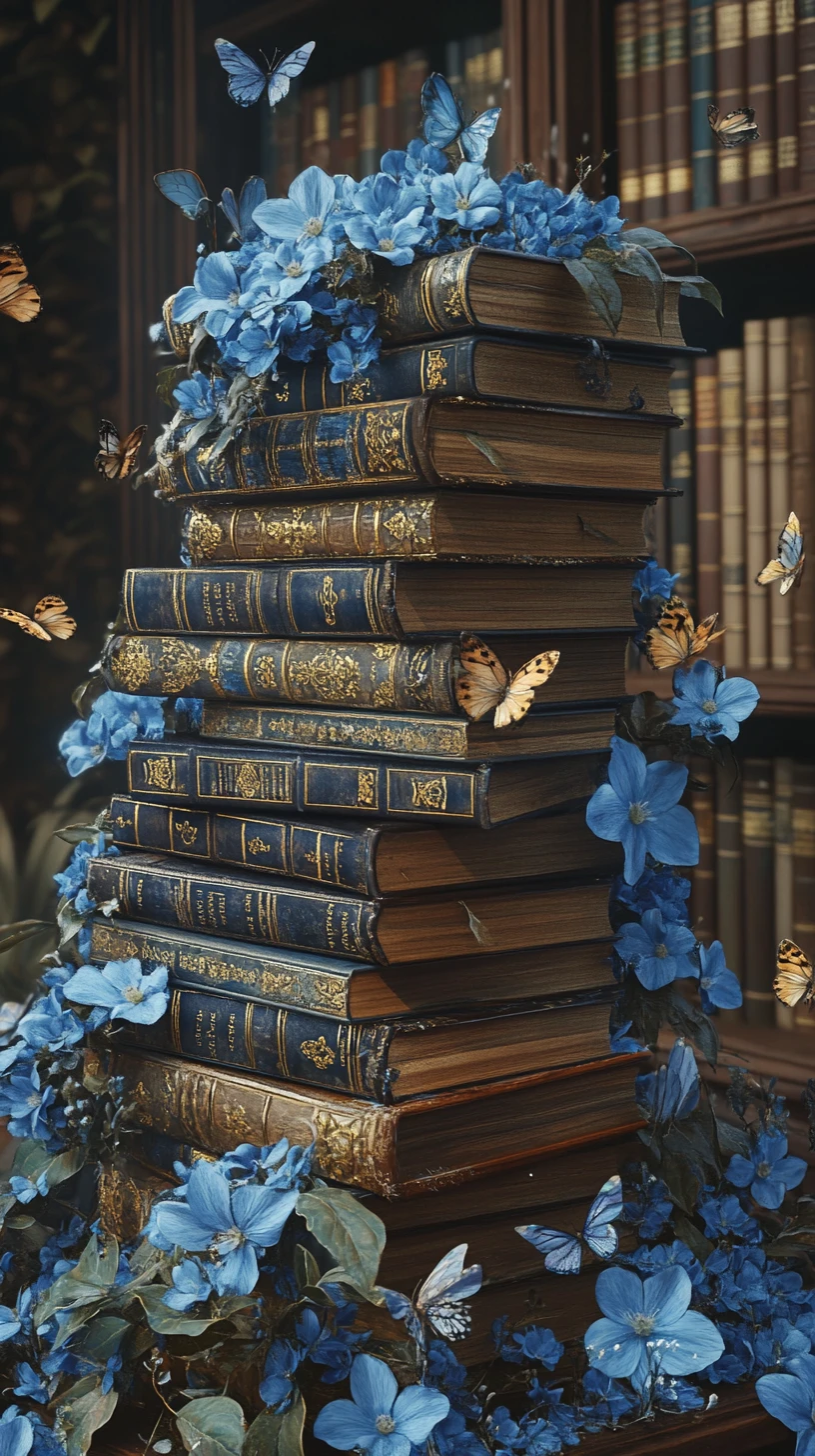 Pilha de livros antigos com flores e borboletas
