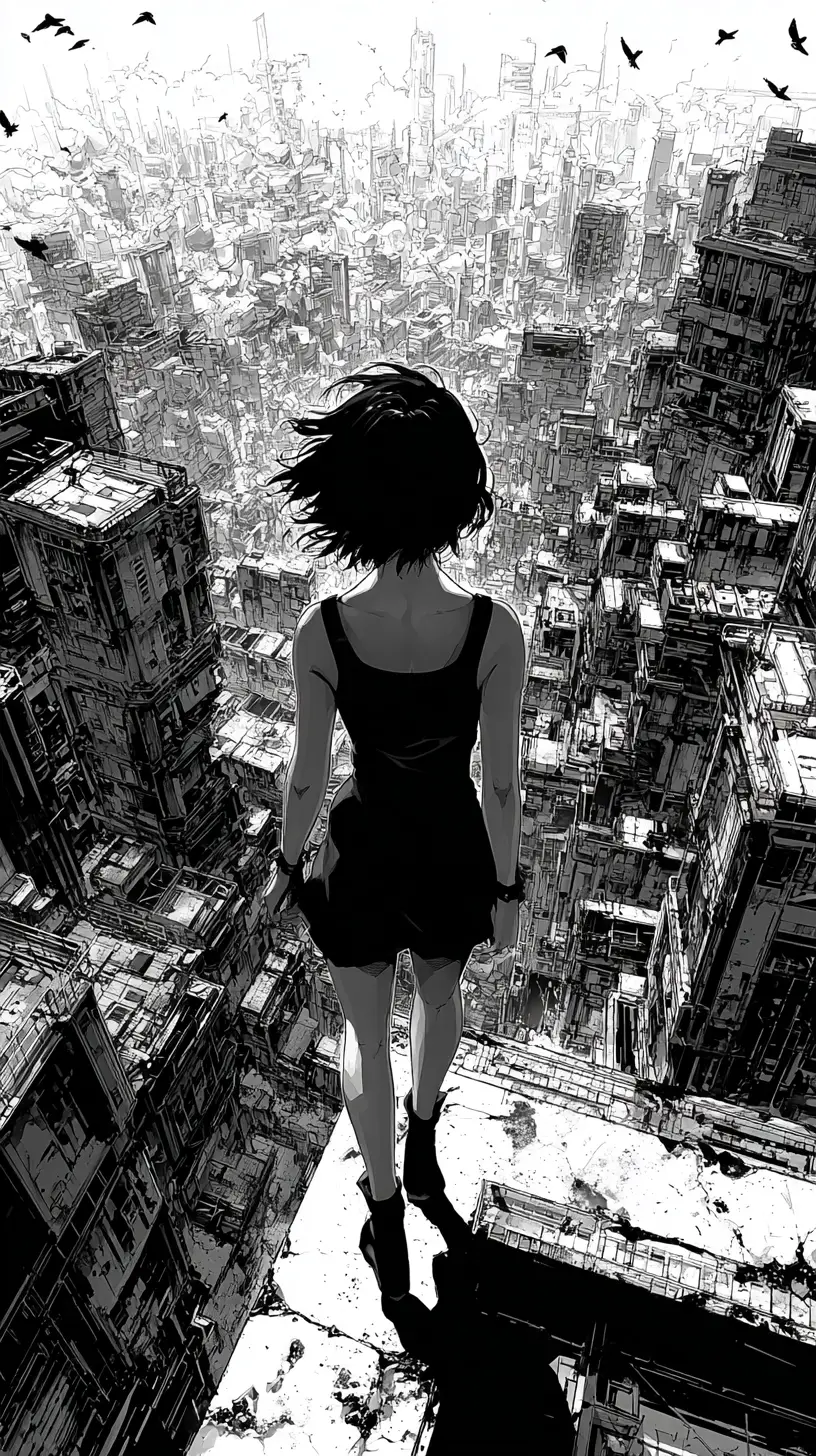 反烏托邦城市上方屋頂邊緣的動漫女子