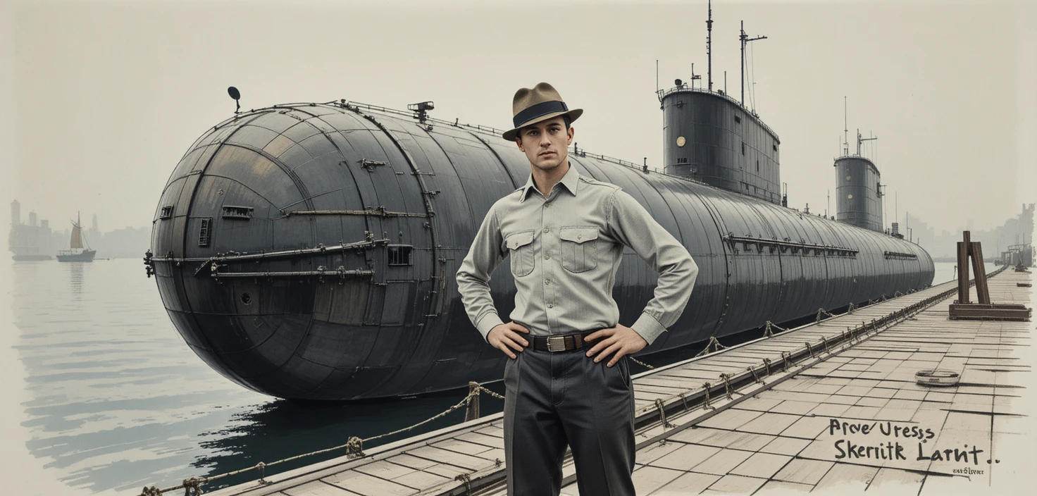 Man Leaning Confidently Against Submarine On Wooden Dock