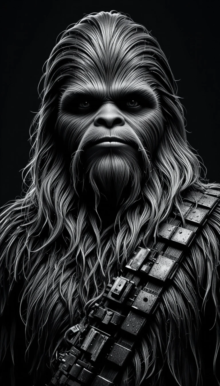 Moody black and white portrait of a wild furred creature