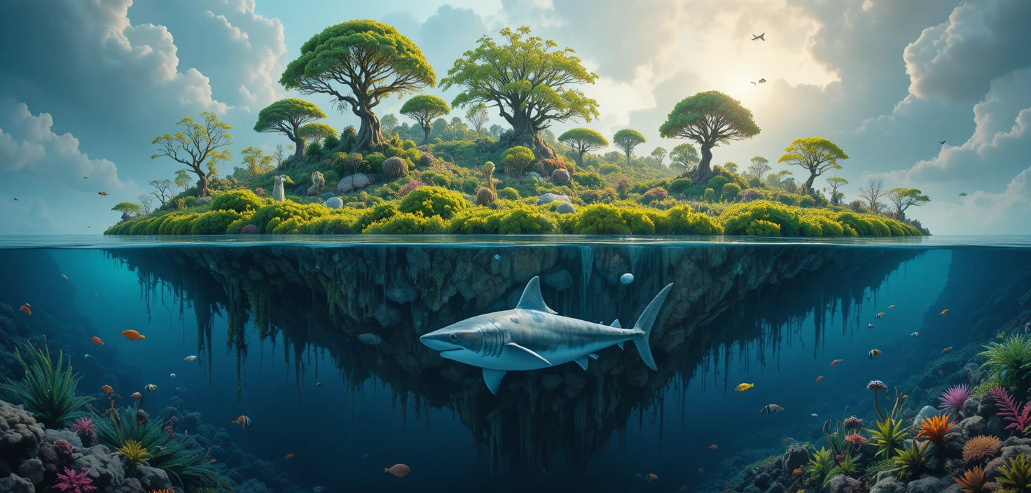 Isla flotante surreal dividida por encima y por debajo de la línea de agua