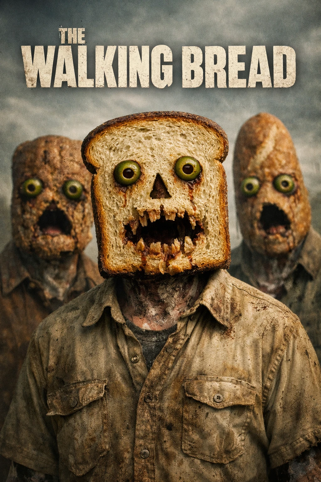 Zombie-Brotmenschen unter grauem, düsterem Himmel Poster