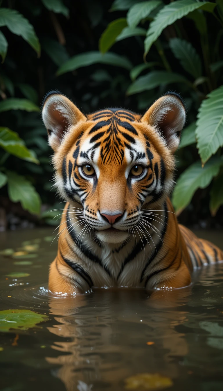 Bébé tigre fixant depuis l’eau trouble de la jungle – gros plan