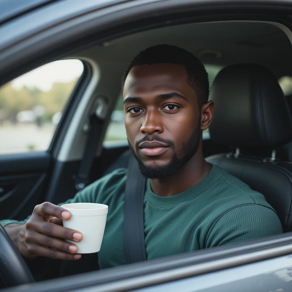 Junger Mann im Auto, der ein grünes Oberteil anzieht und Kaffee hält