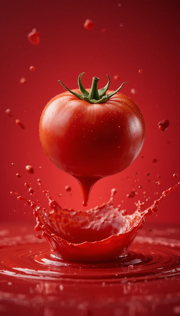 Floating red tomato above dynamic ketchup splash