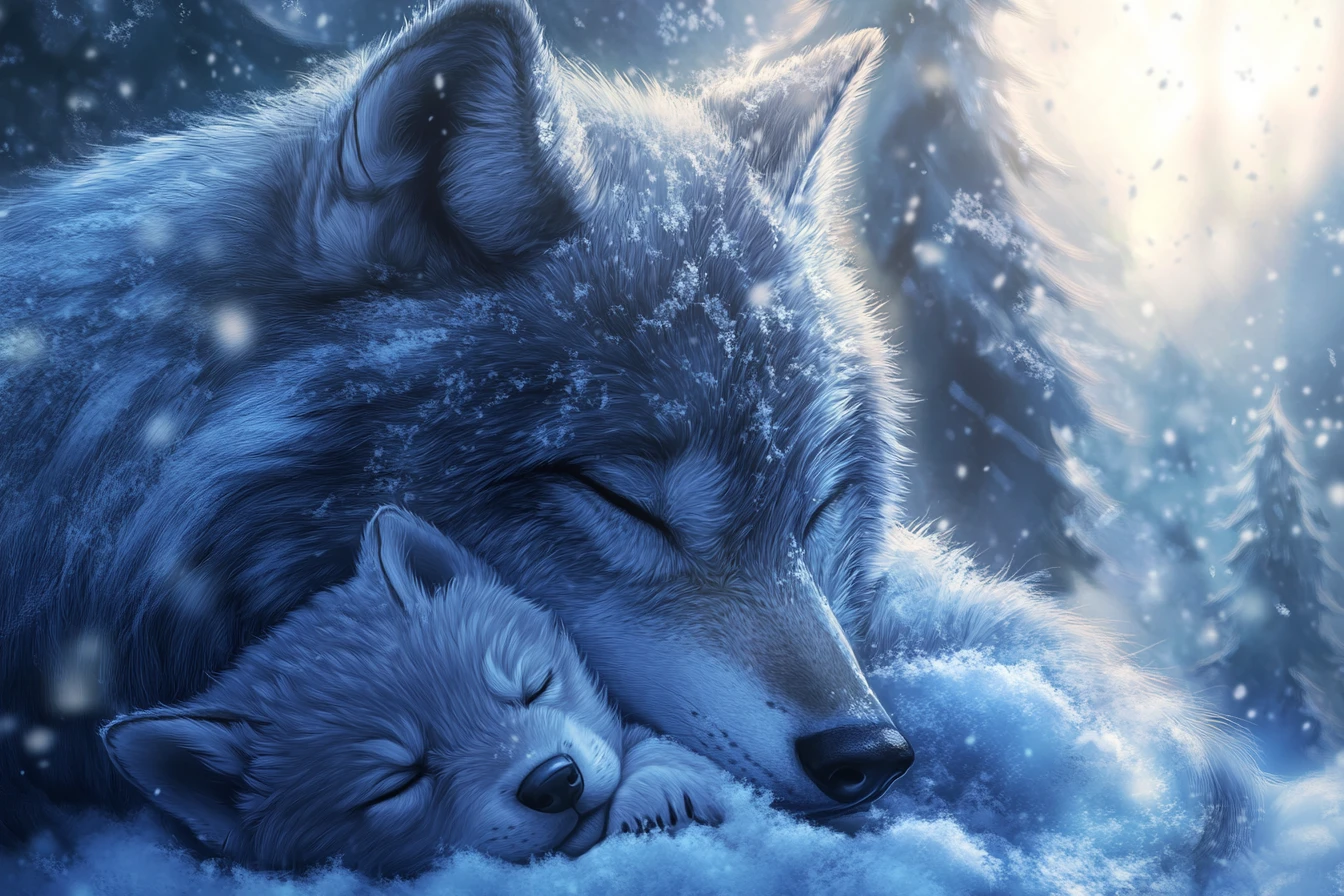 Mãe loba protegendo seu filhote adormecido em floresta nevada ao crepúsculo