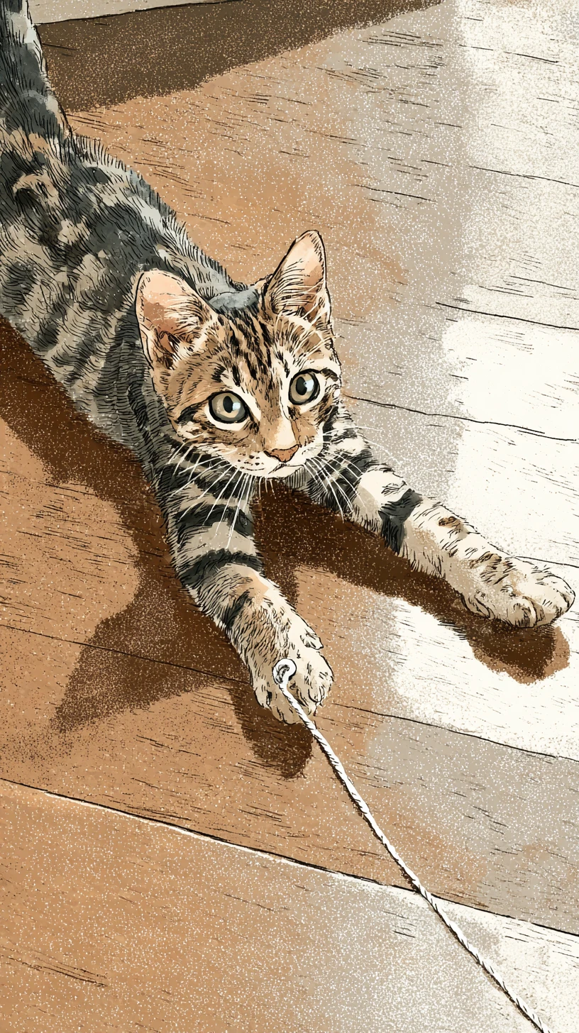 Chat tigré joueur bondissant vers une pelote de laine sur un plancher en bois