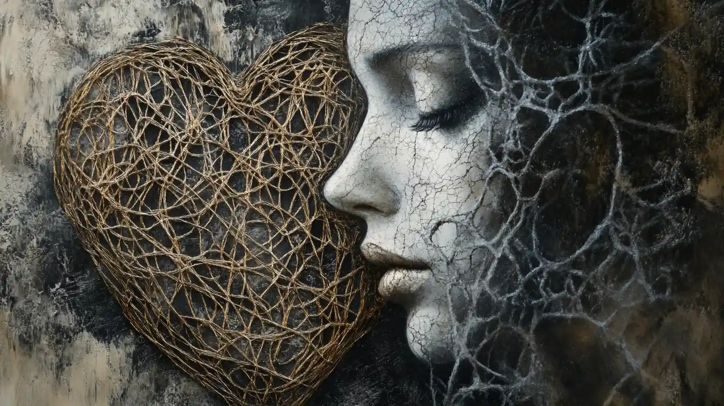 Embroidered Mystical Woman Face In Heart Shaped Lattice