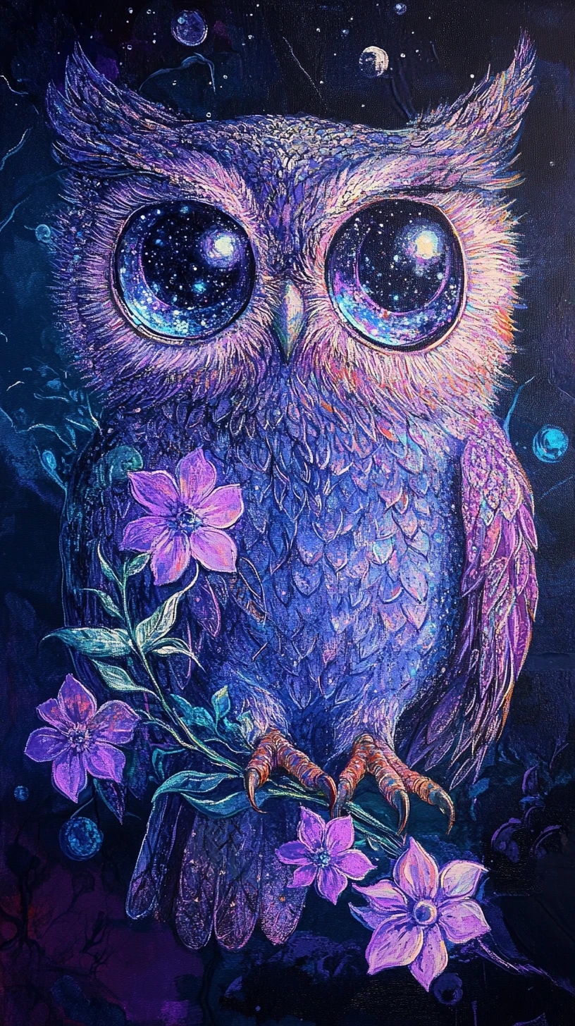 Chouette ronde avec fleurs de lune dans une nuit lumineuse