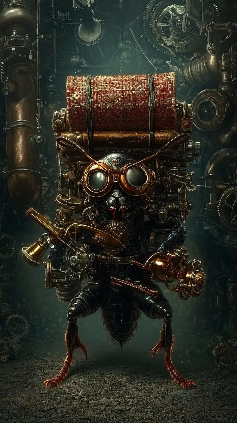 Steampunk-Ameise mit Schutzbrille zwischen viktorianischen Zahnrädern und Rohren