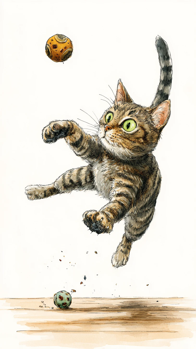 Gato atigrado juguetón en acuarela saltando tras un juguete