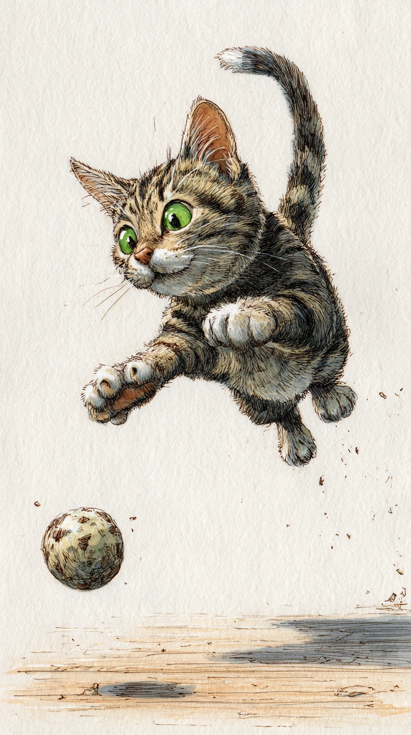 Gato malhado brincalhão saltando em direção a um brinquedo em aquarela