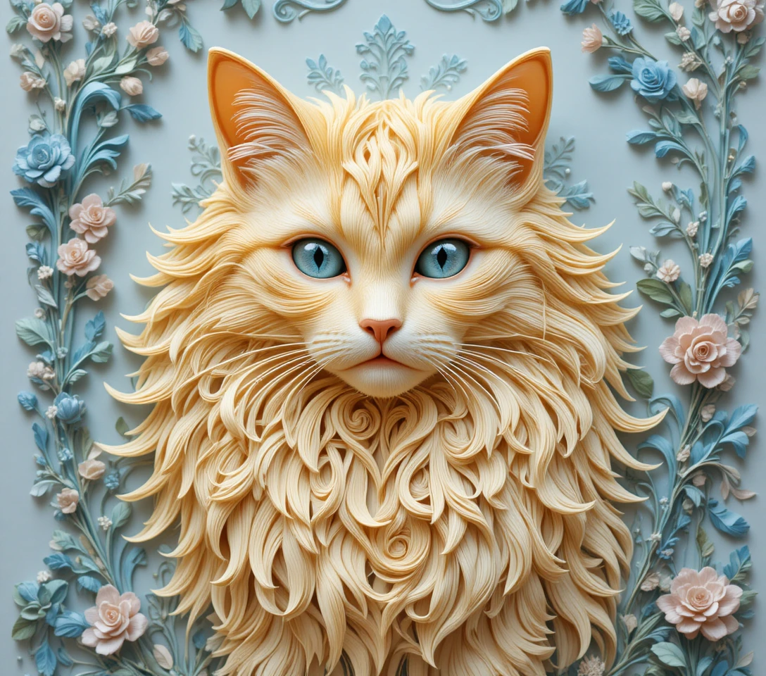 Gato de quilling de papel en tonos pastel con ojos verde azulado y filigrana floral