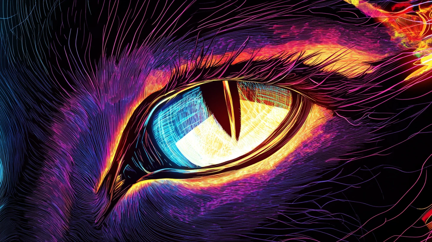 Retrato de ojo de gato neón en doble exposición sobre fondo negro