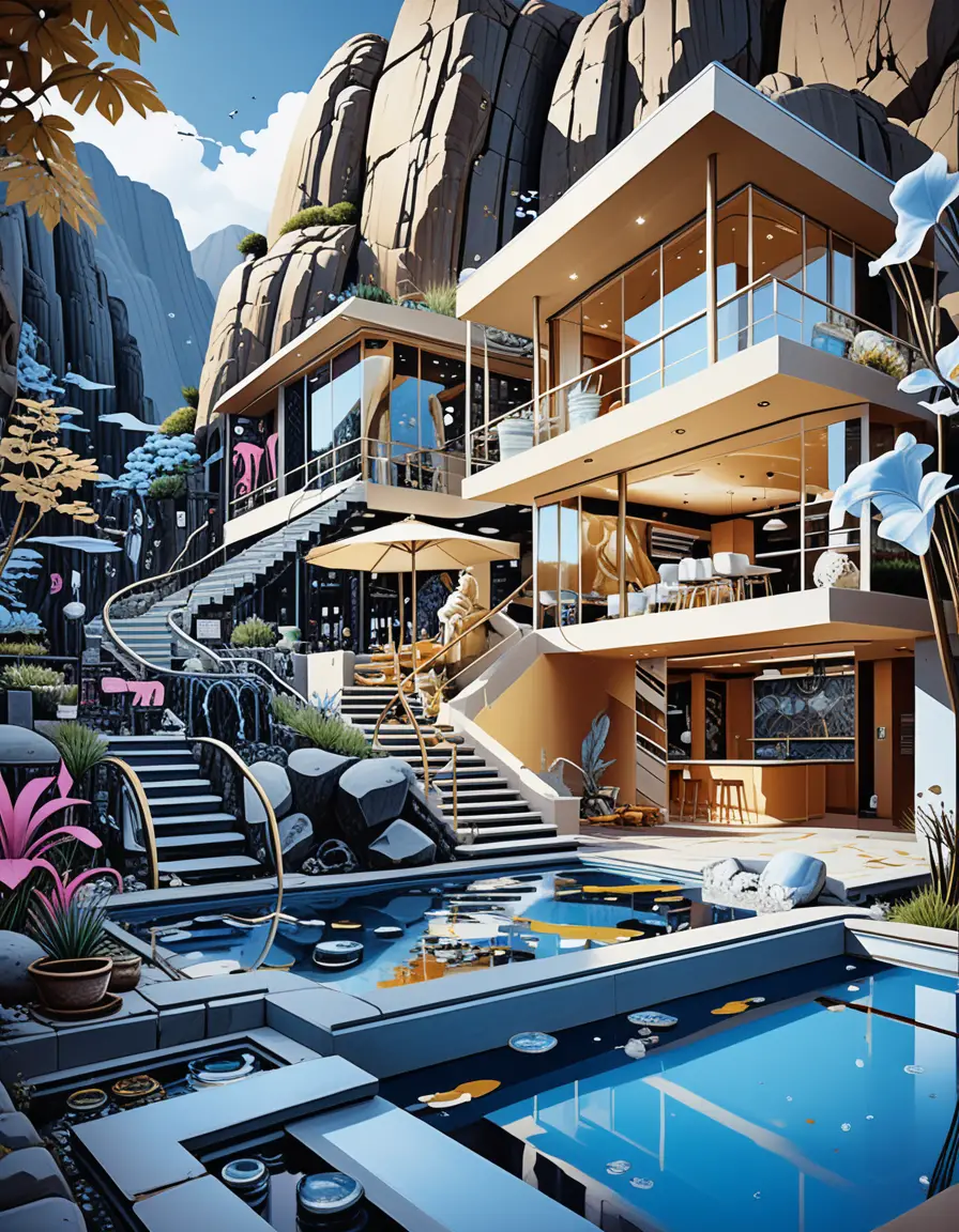 Luxury cave house nestled in a lush fantasy mountain landscape