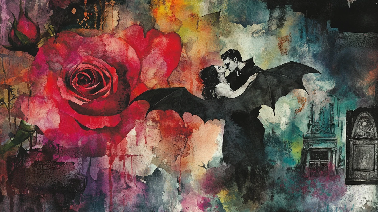 Vampiro e Morcego Dançando Sobre uma Rosa em Aquarela
