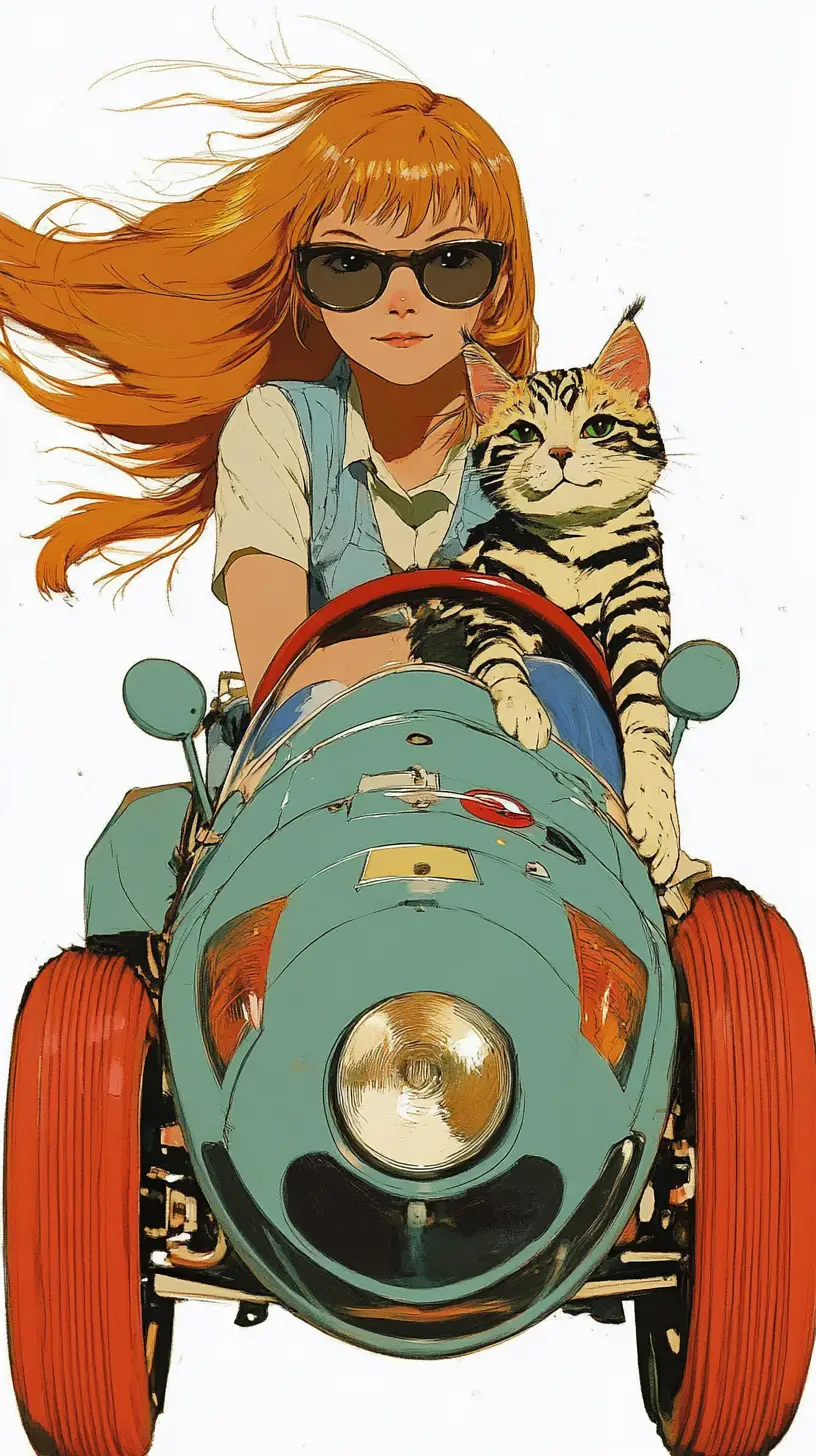 紅髮女孩駕駛綠色賽車的插畫