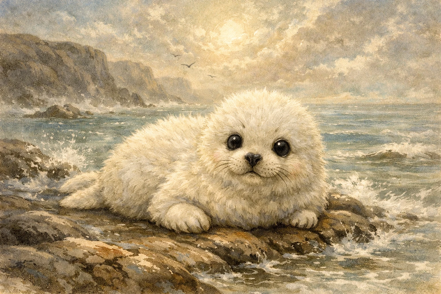 Ilustração de filhote de foca‑cinzenta descansando em costa rochosa