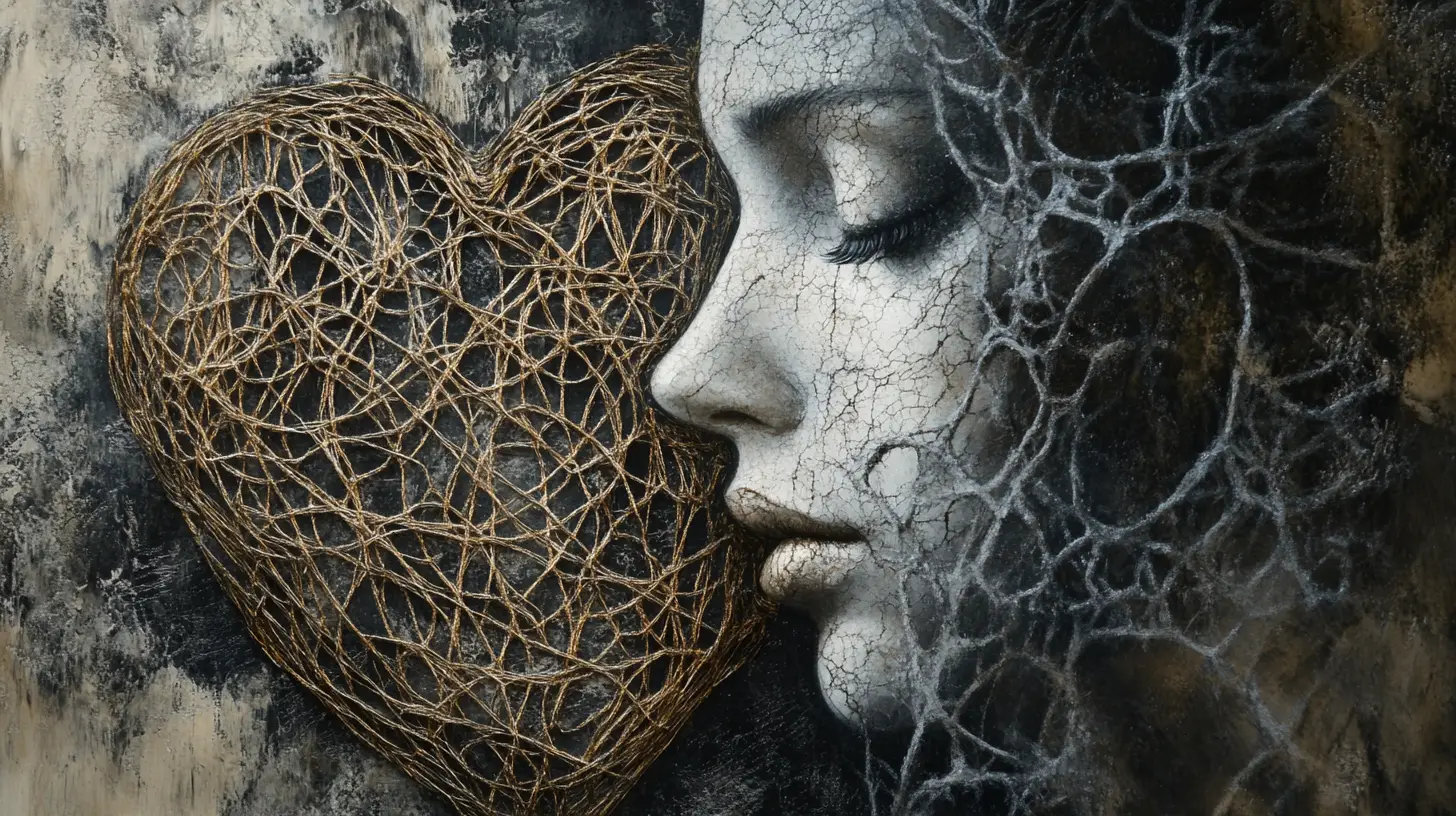 Embroidered Mystical Woman Face In Heart Shaped Lattice