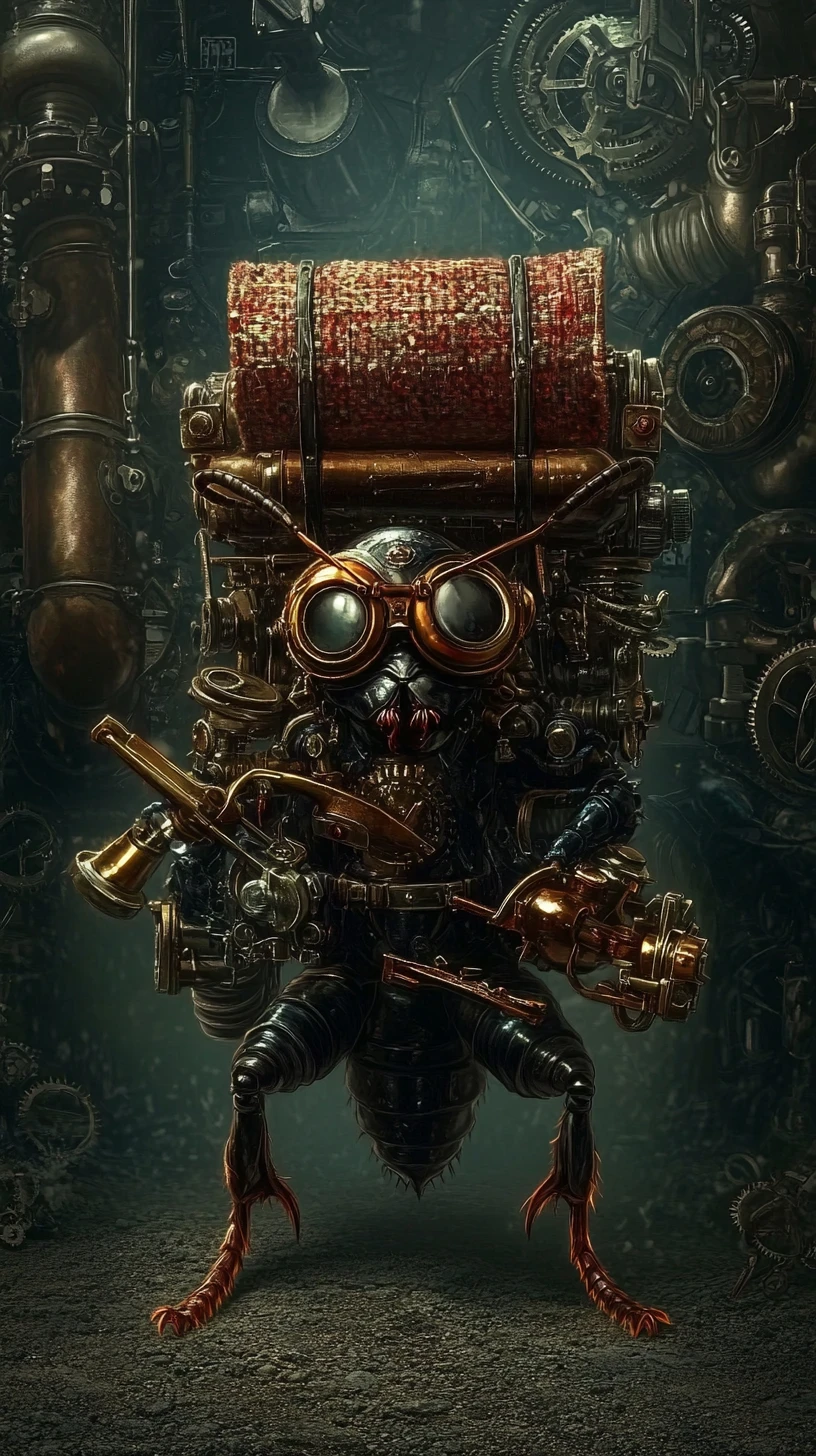 Formica steampunk con occhiali tra tubi ed ingranaggi vittoriani