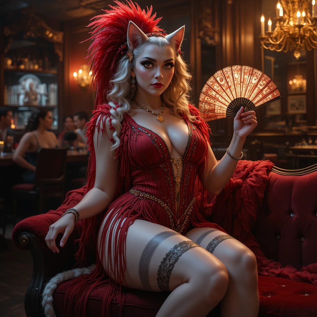 Showgirl felina antropomórfica relaxando em um sofá de veludo de bar
