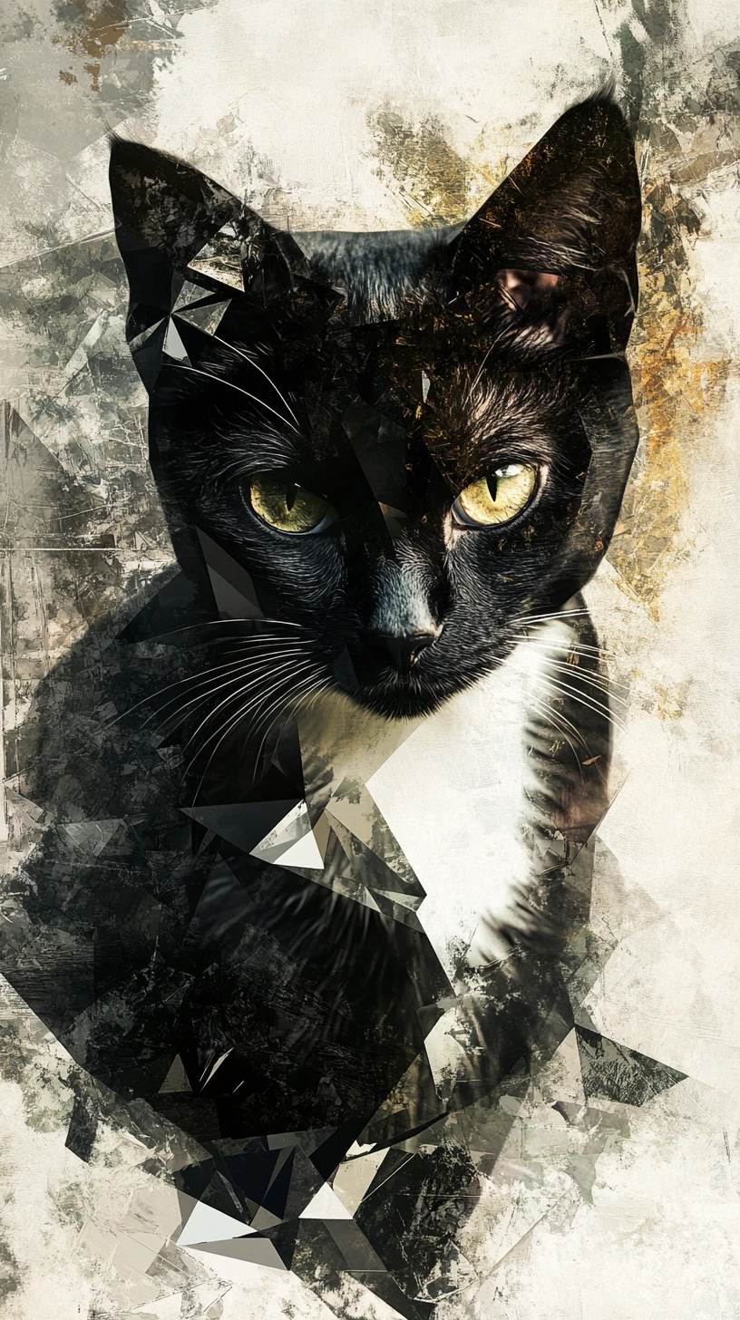 Retrato geométrico de gato tuxedo em estilo cubista moderno