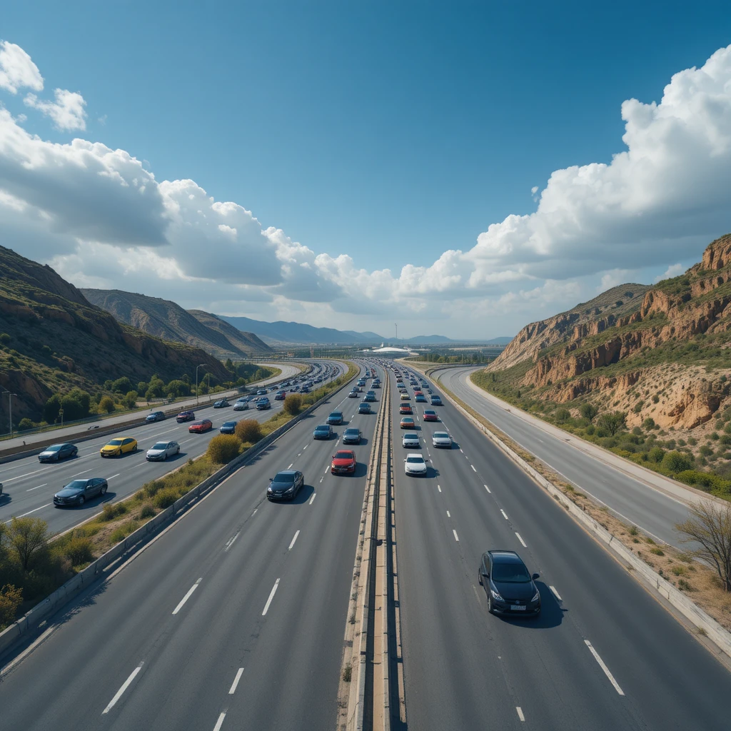 Rodovia movimentada com muitos carros e placas para o aeroporto