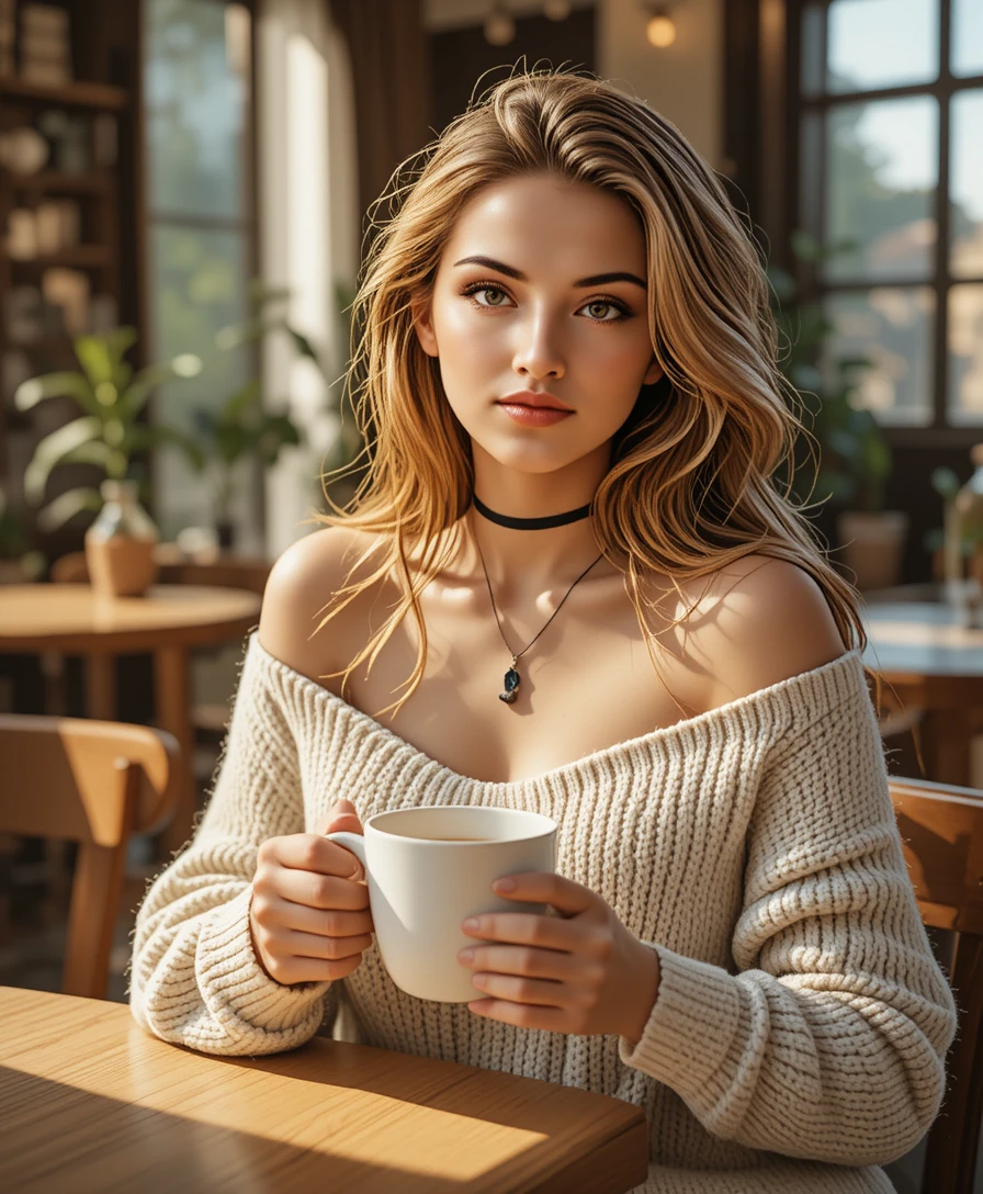 Giovane donna che si gode un caffè in un caldo bar illuminato dal sole