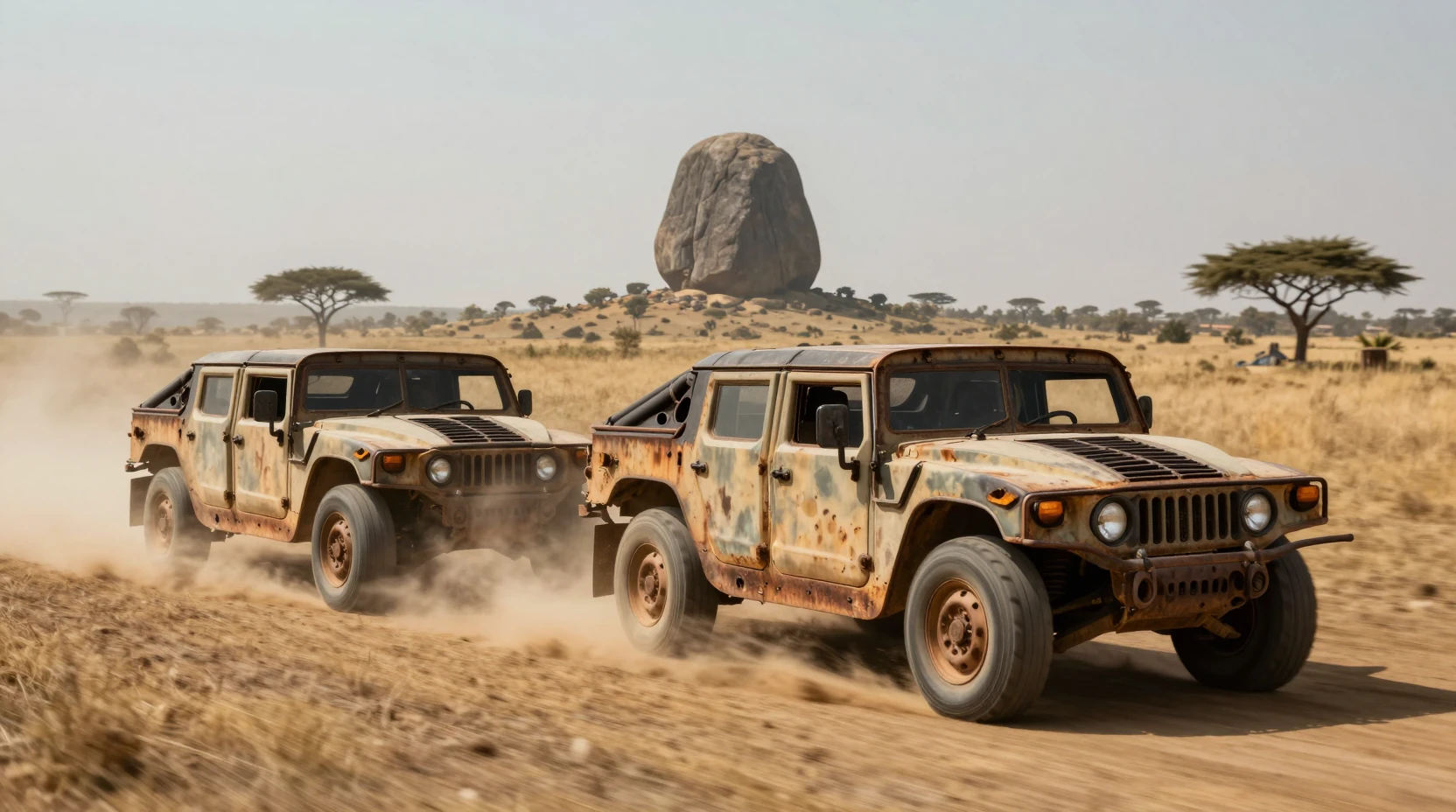 Rusty military trucks racing across the Kenyan savanna