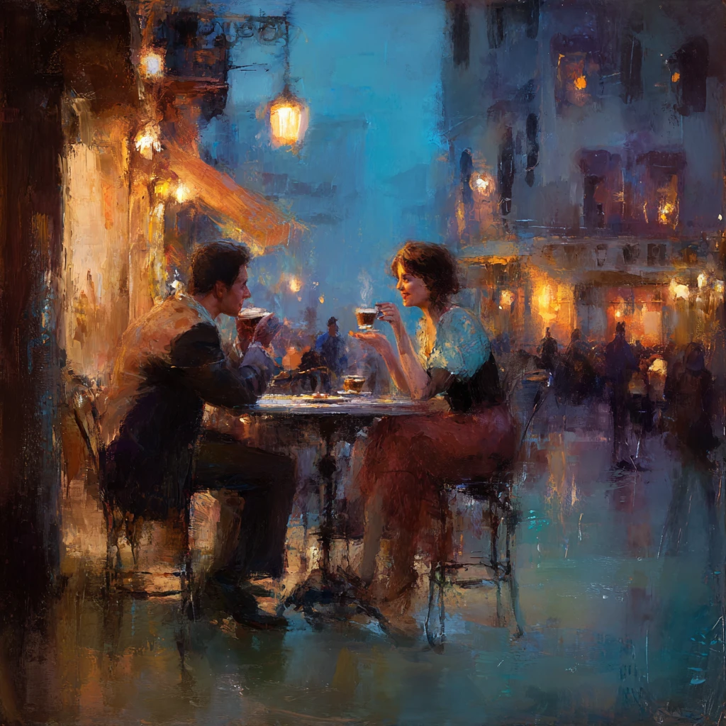 Casal romântico em um café veneziano impressionista e dos sonhos