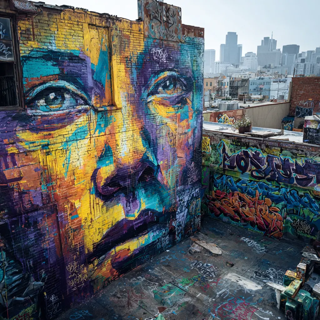 Farbenfrohes Street-Art-Wandbild mit markantem abstraktem Gesicht