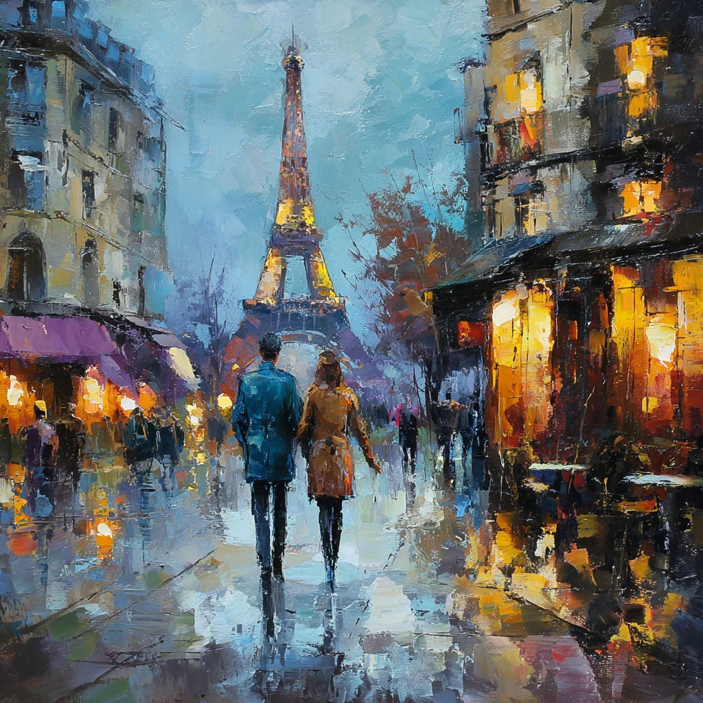 Casal romântico caminhando por uma rua de Paris ao anoitecer