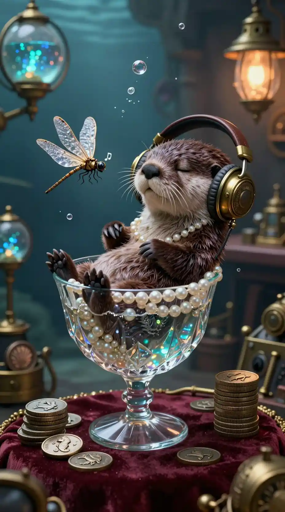 Anthropomorpher Otter, der in einem verzierten Kristallkelch entspannt