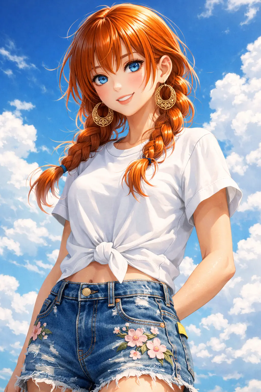 編髮牛仔風的夏日天空動漫少女