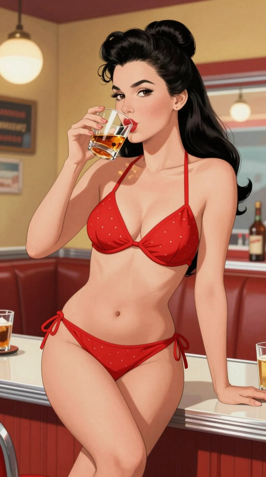 Femme fatale in bikini rosso sul bancone di un diner vintage