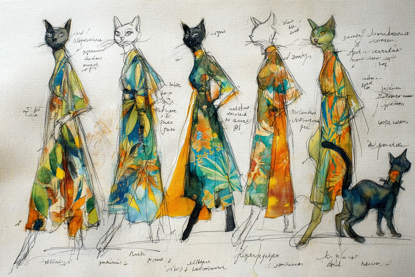 Chats élégants et stylés en croquis de costumes tropicaux colorés